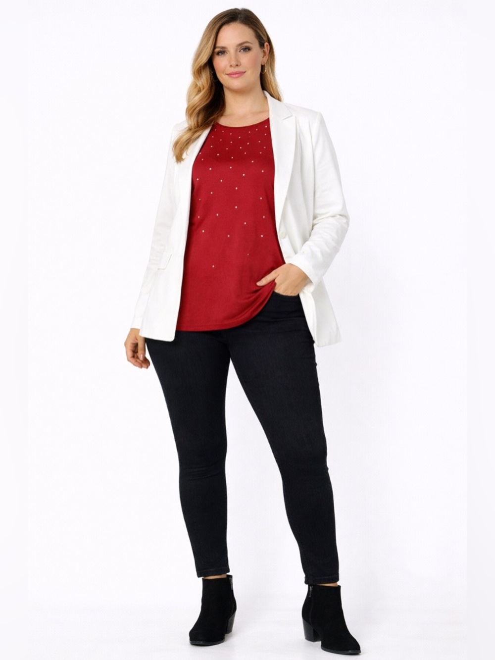 Joan Rivers Red Rhinestone Studded Top 2X Women Long Sleeve Stretch Blouse - Picture 3 of 12